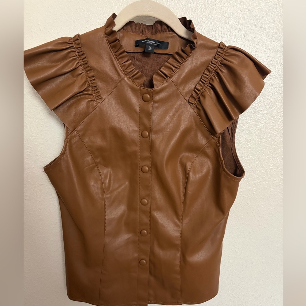 Marc New York Brown Faux Leather Ruffle Sleeve Blouse